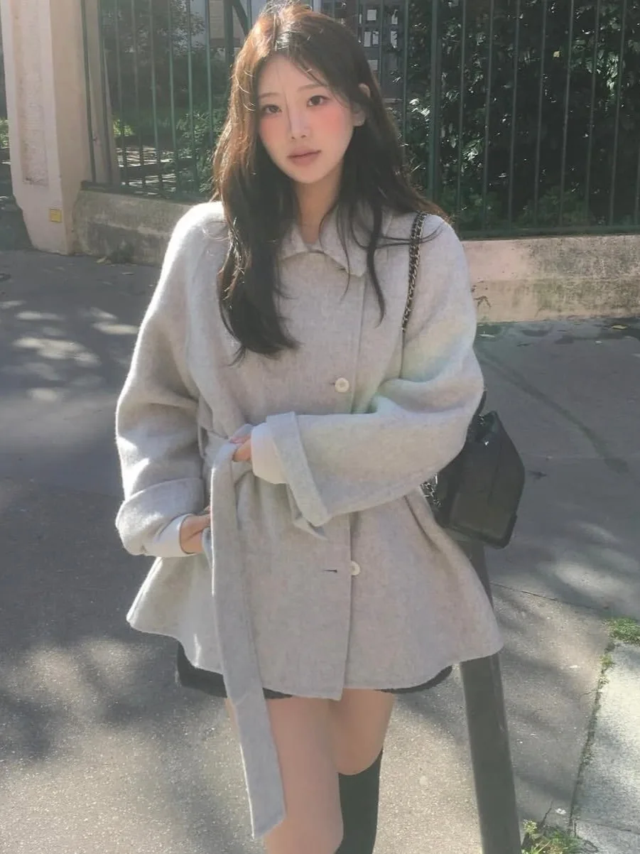 

Korean Retro Turn-down Collar Sweet Woolen Coat Women's Early Autumn High Waist Loose Slimming Personali Woolen Jaet