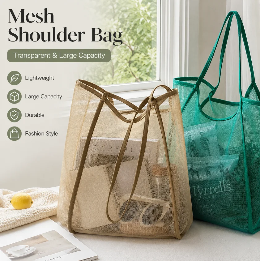 Mesh Shoulder Bag Transparent Lightweight Durable Net Sandproof Stadium Approved Clear Beach Concert Travel Vacation For Women