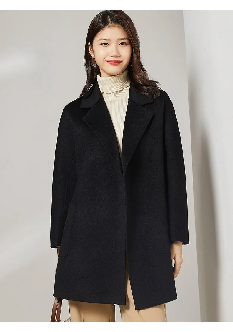 Thigh-Length Coat 100% Cashmere Overcoat Handmade Turn-down Collar Belt Dense Fabric Notch Lapel Autumn Winter Jacket