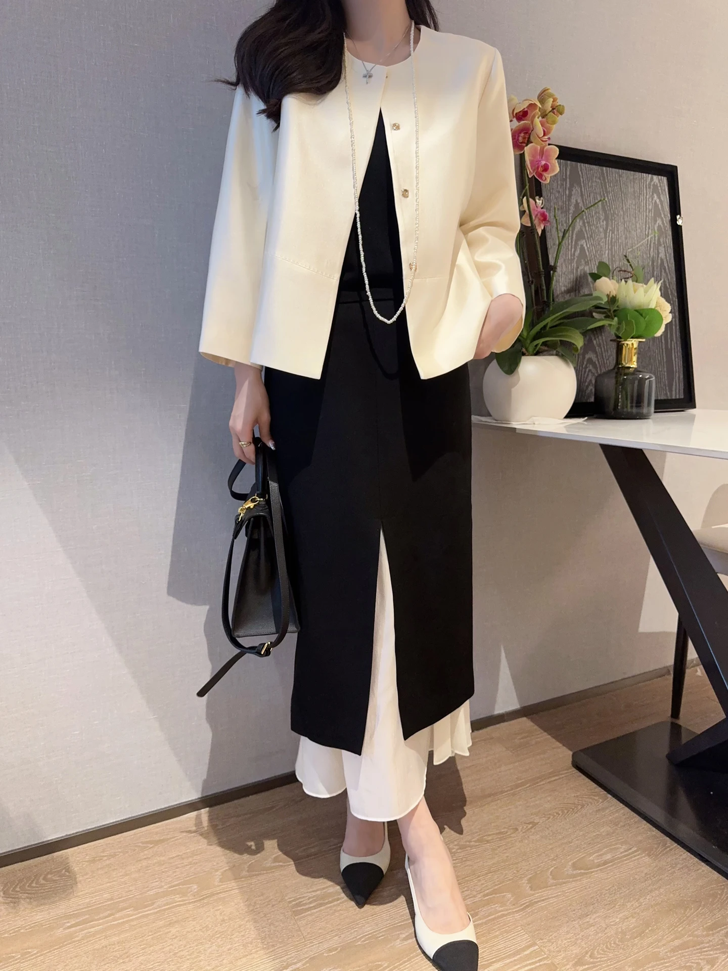 

Elegant High Waist Woolen Midi Skirt Color Block Straight Design Women's Fashion Skin-friendly Breathable Daily Wear