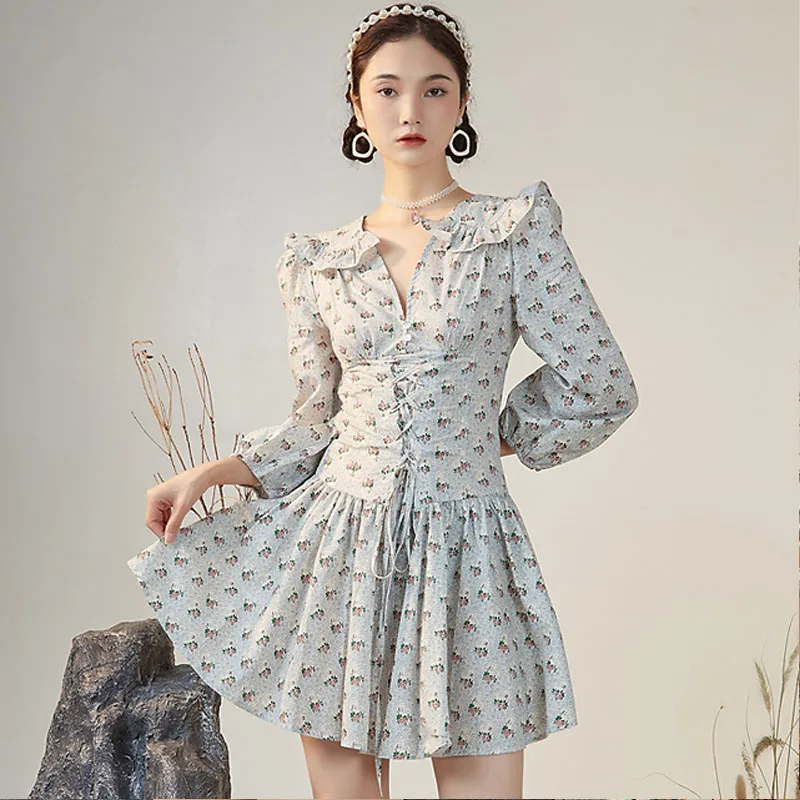 2024 V Collar Blue Floral Spring Advanced Feeling Western Style Corset Doll Collar Puff Sleeve Printing Slim Long Sleeves Dress