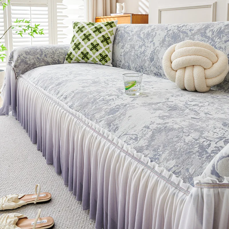 Almohadillas de sofá con estampado Irregular francés, falda de gasa ligera con gradiente de chenilla, alfombrilla para sofá con borde, tela antideslizante y antiarañazos para gatos