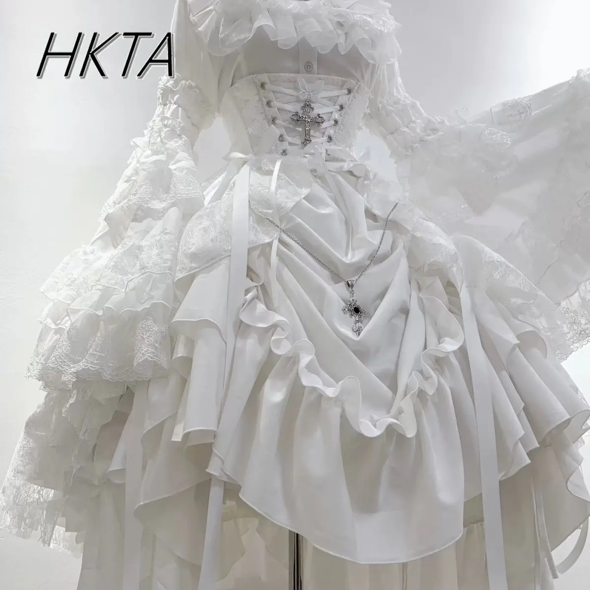 Gorgeous Gothic Style Sleeves High Waist Shirts Slim Fit Pleated White Long Skirts Women Lace Bow Lolita Y2k Skirt 3 Piece Sets - Image 6