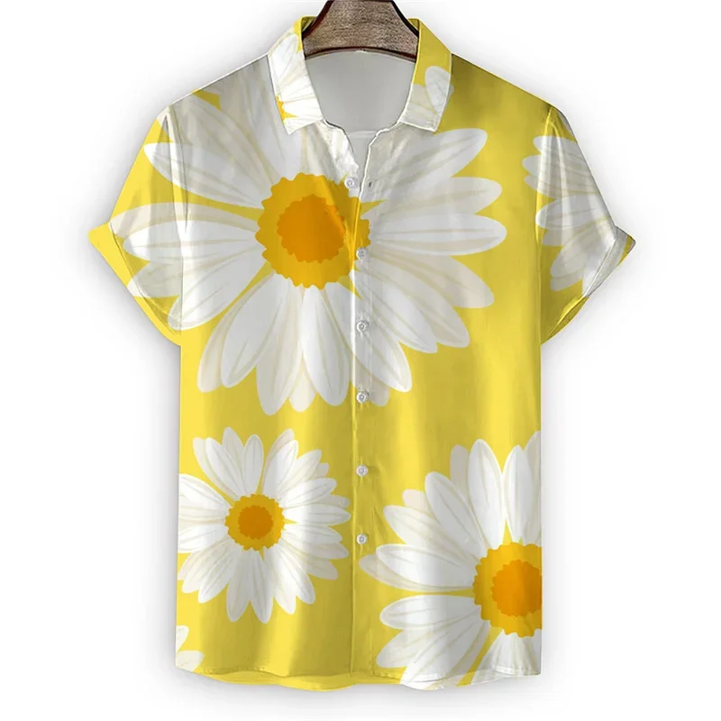 Small daisy print men's short sleeve shirt hawaiian casual comfortable lapel men's tops loose street fashion shirt summer