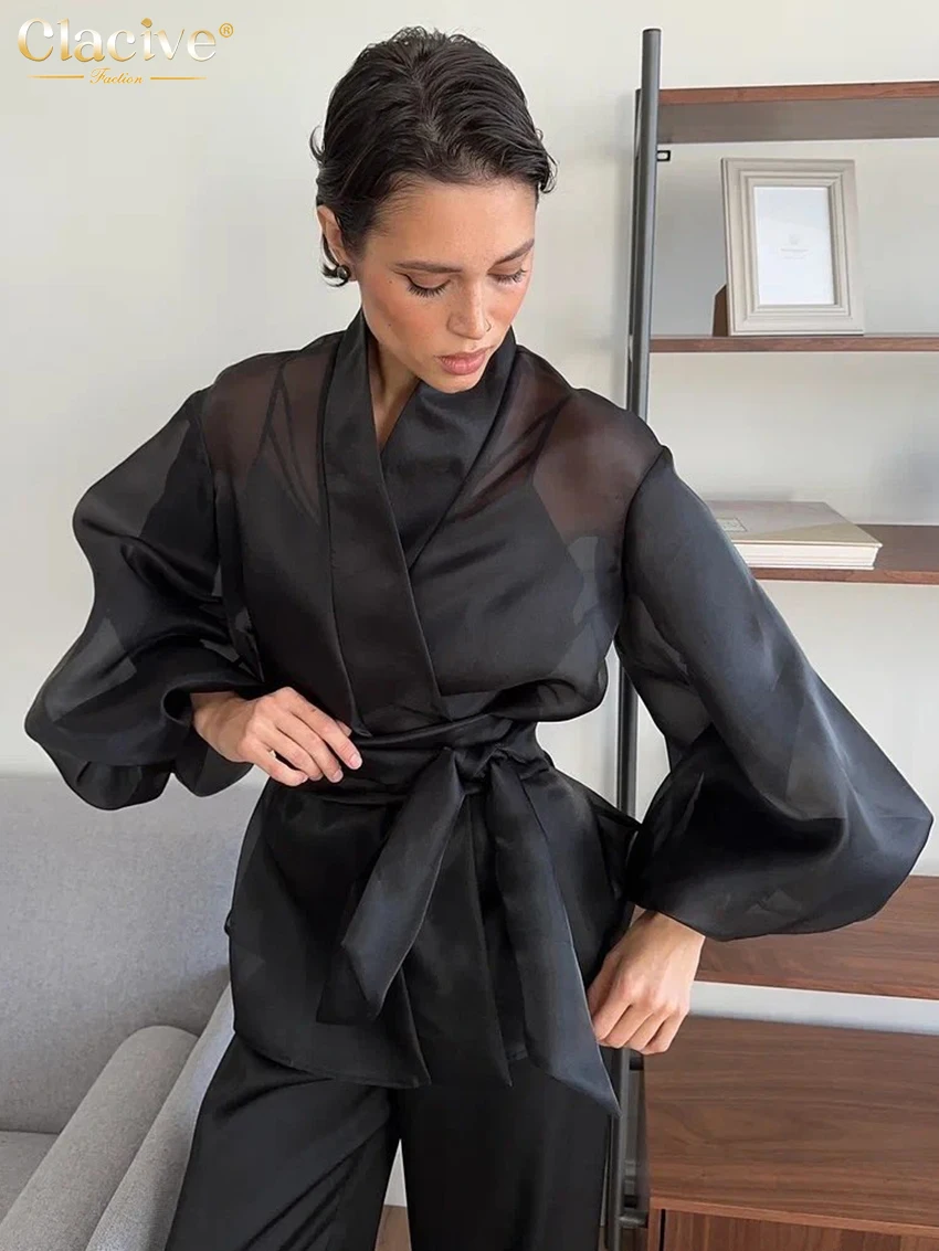 Clacive Fashion Loose Black Women's Shirt 2025 Casual V-Neck Puff Sleeve Shirts Elegant Classic Lace-Up Top Female Clothing