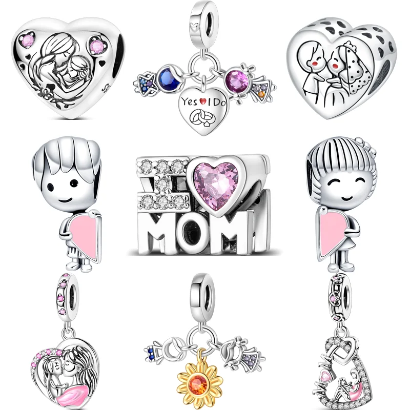 

925 Sterling Silver Boys Girls I Love Mom Pink Heart Zircon DIY Original Beads Fit Charms Bracelet DIY Wedding Jewelry