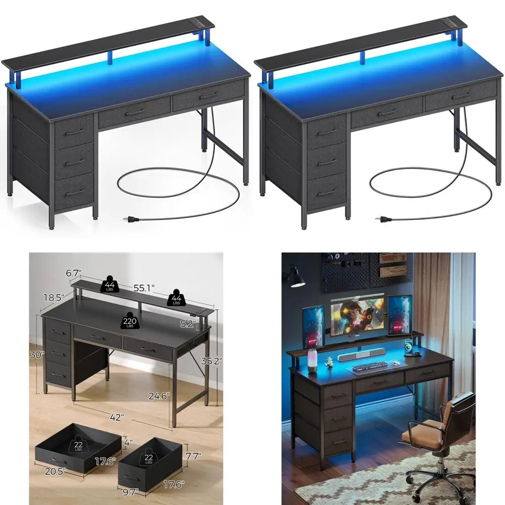 55 LED-lit Home Office Desk with 5 Drawers and Monitor Stand, Black