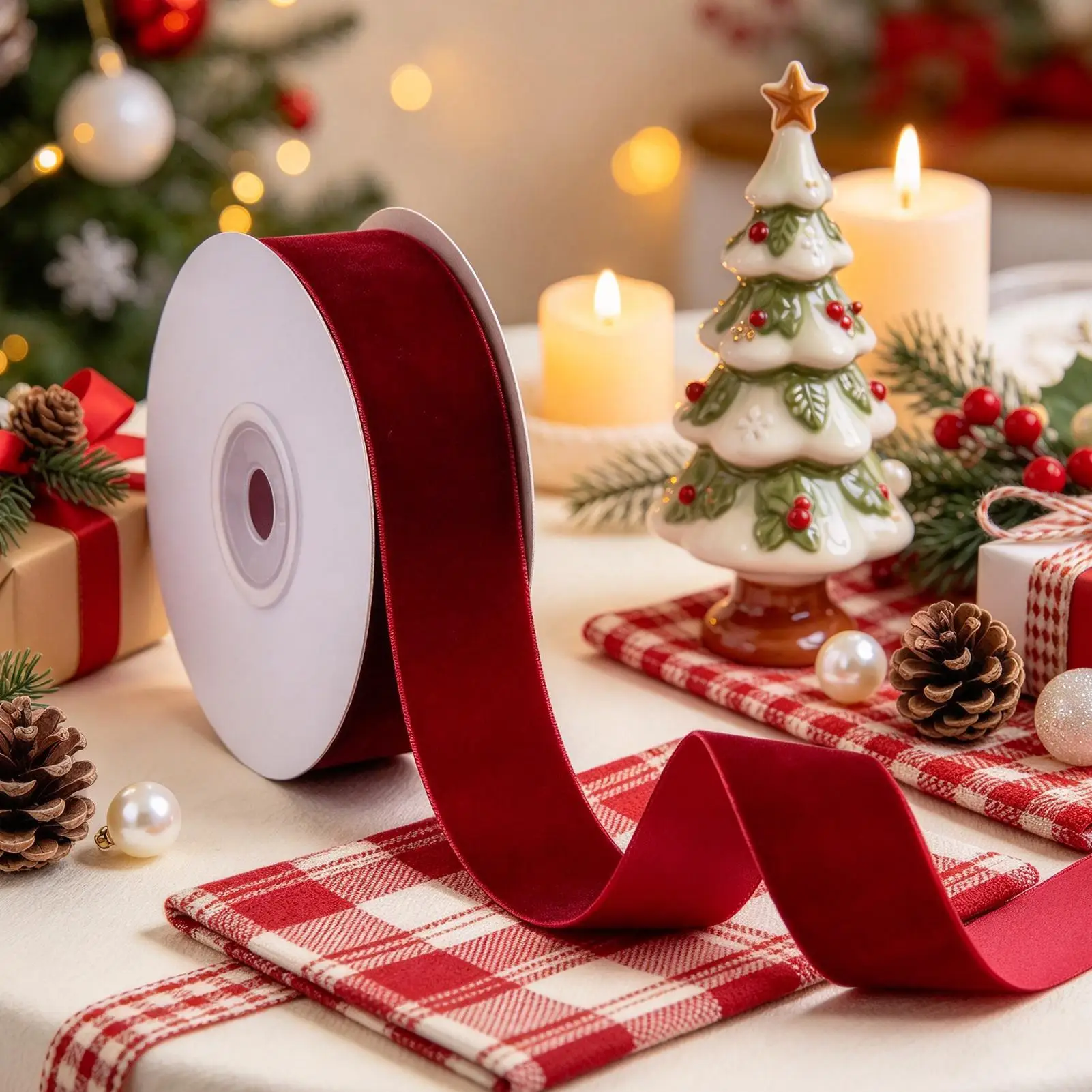 Christmas Tree Ribbon Velvet Ribbons Green Wine Red Color Single Face Flocking Webbing For DIY Christmas Crafts Wrapping Decor