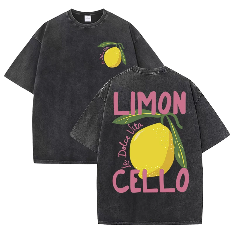 Lemon Cello Fresh Fruit Pink Letter Washed T-Shirt Womens Y2K Summer T Shirts Oversized Cotton Tops Loose Soft Short Sleeve