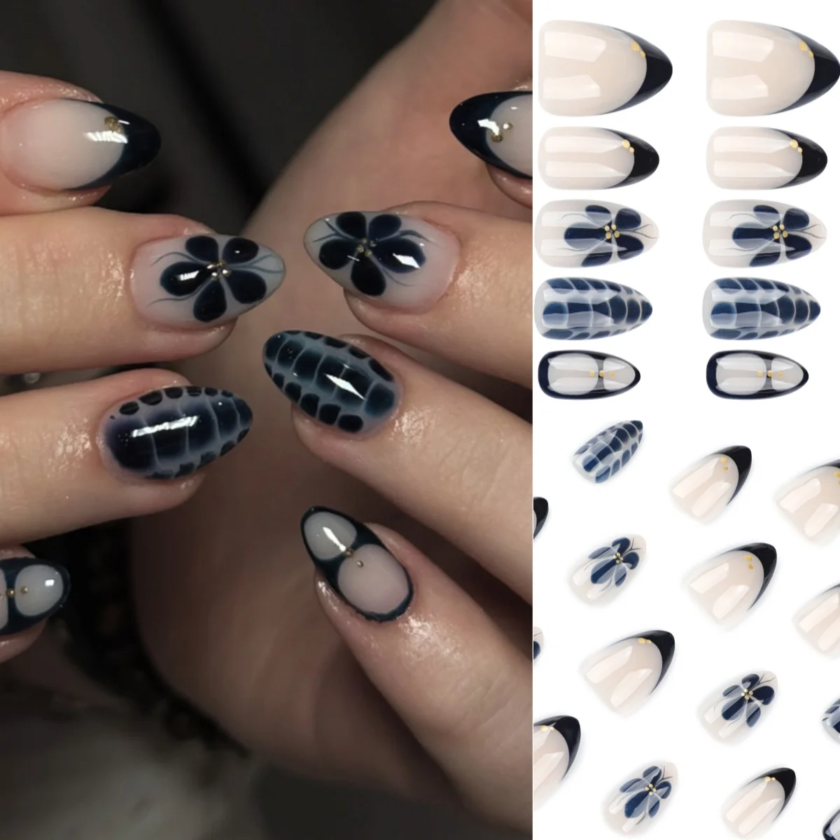 Fleurs noires plante paillettes Halo teinture français court Nail Art populaire faux ongles détachable fini faux ongles presse sur les ongles