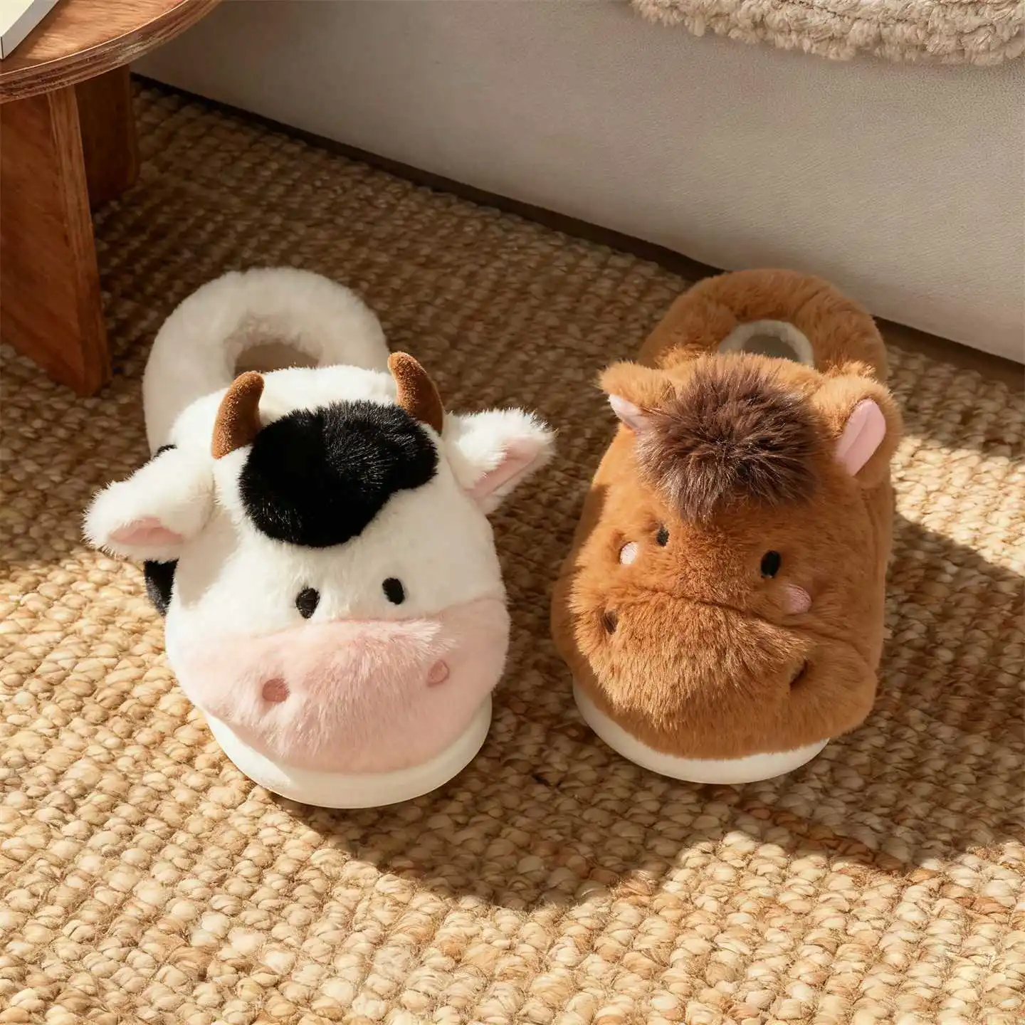 Plus size 36-45 couples cow and horse slippers house man wacky animal slip-on fur loafers indoor women warm fluffy slippers