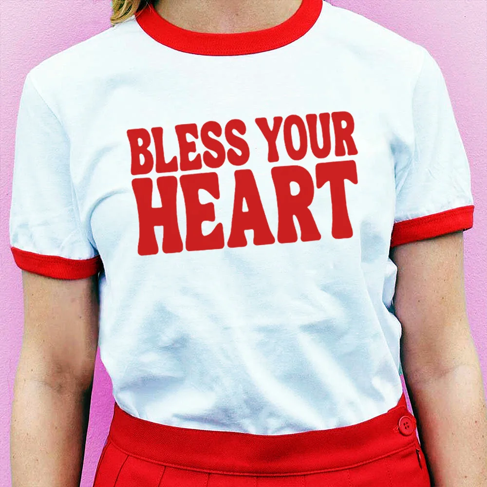 Bless Your Heart Letters Printing Women Ringer Tees Vintage Style Loose Cotton Casual Tops Tumblr Fashion Summer T Shirts