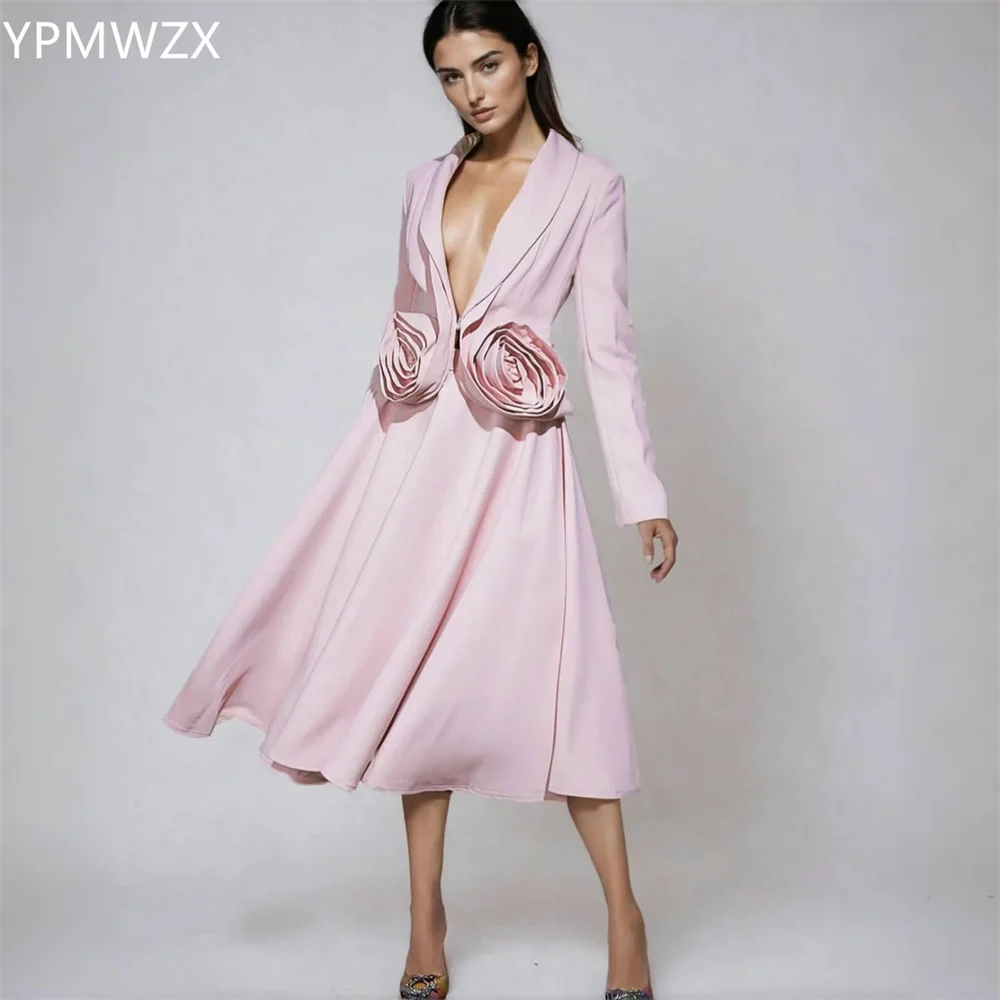 Customized Evening Dress Formal Party Occasion YPMWZX V-neck A-line Tea Length Skirts Draped 3D Flower Bespoke  Dresses