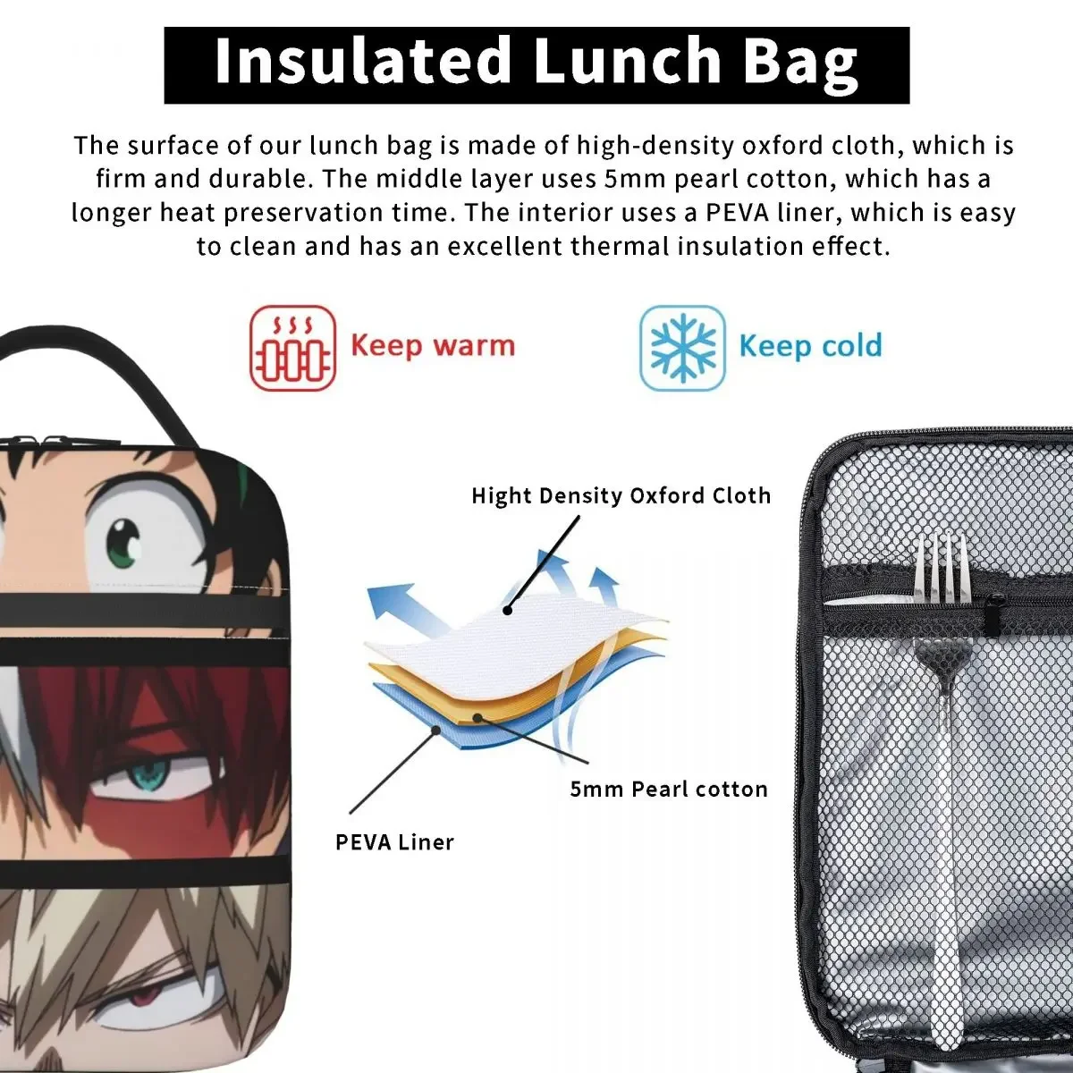 MHA Deku Todoroki And Bakugo Eye Insulated Lunch Bag for Office My Hero Academia Resuable Thermal Cooler Bento Box Women Kids