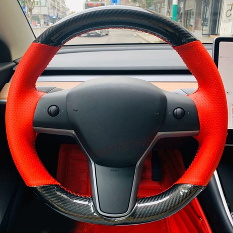 

Hand-stitched Anti-Slip Carbon Fiber Suede Braid Car Steering Wheel Cover for Tesla Model S Y Model X Model 3 Car Accessories
