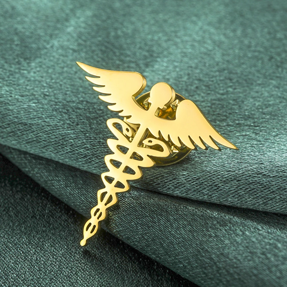 Dawapara Caduceus Symbol Brooch Pin Medical Symbol Accessories Travelers Talisman Graduation Gift Stainless Steel Jewelry