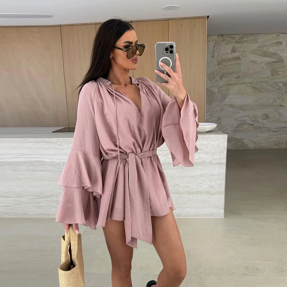 المرأة بلون فستان كتان الدانتيل متابعة الخامس الرقبة فضفاضة عطلة الخريف كشكش جرس طويلة الأكمام خمر فساتين صغيرة مثير عادية #2