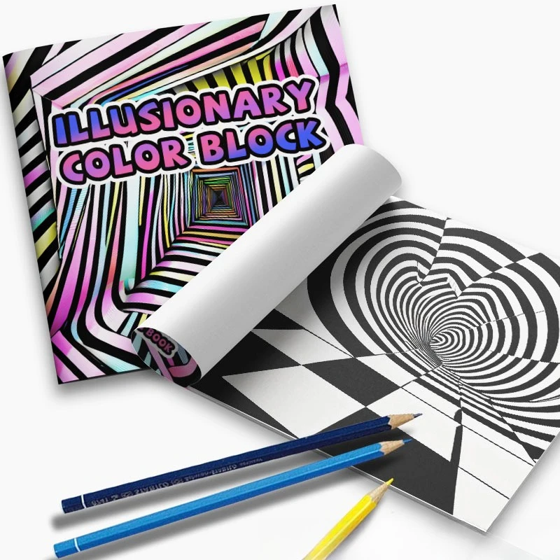 Carnet de croquis géométriques noir et blanc, tunnel vortex 3D psychédélique, blocs de couleur illusionnistes, illusion optique trippy