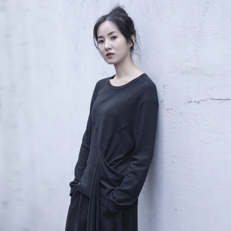 

Женская длинная футболка Original Route, однотонная, из хлопка и льна, весна-лето, модная, с круглым вырезом, для повседневной носки, приталенная