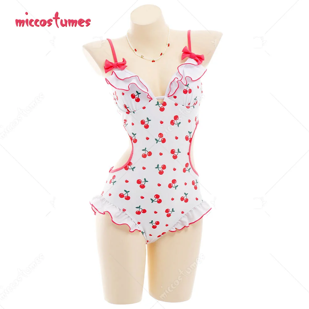 Women s Miccostumes Swimsuits for Women Cherry Printed Bathing Suit Ruffles Kawaii One-piece Swimwear