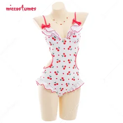 Women s Miccostumes Swimsuits for Women Cherry Printed Bathing Suit Ruffles Kawaii One-piece Swimwear