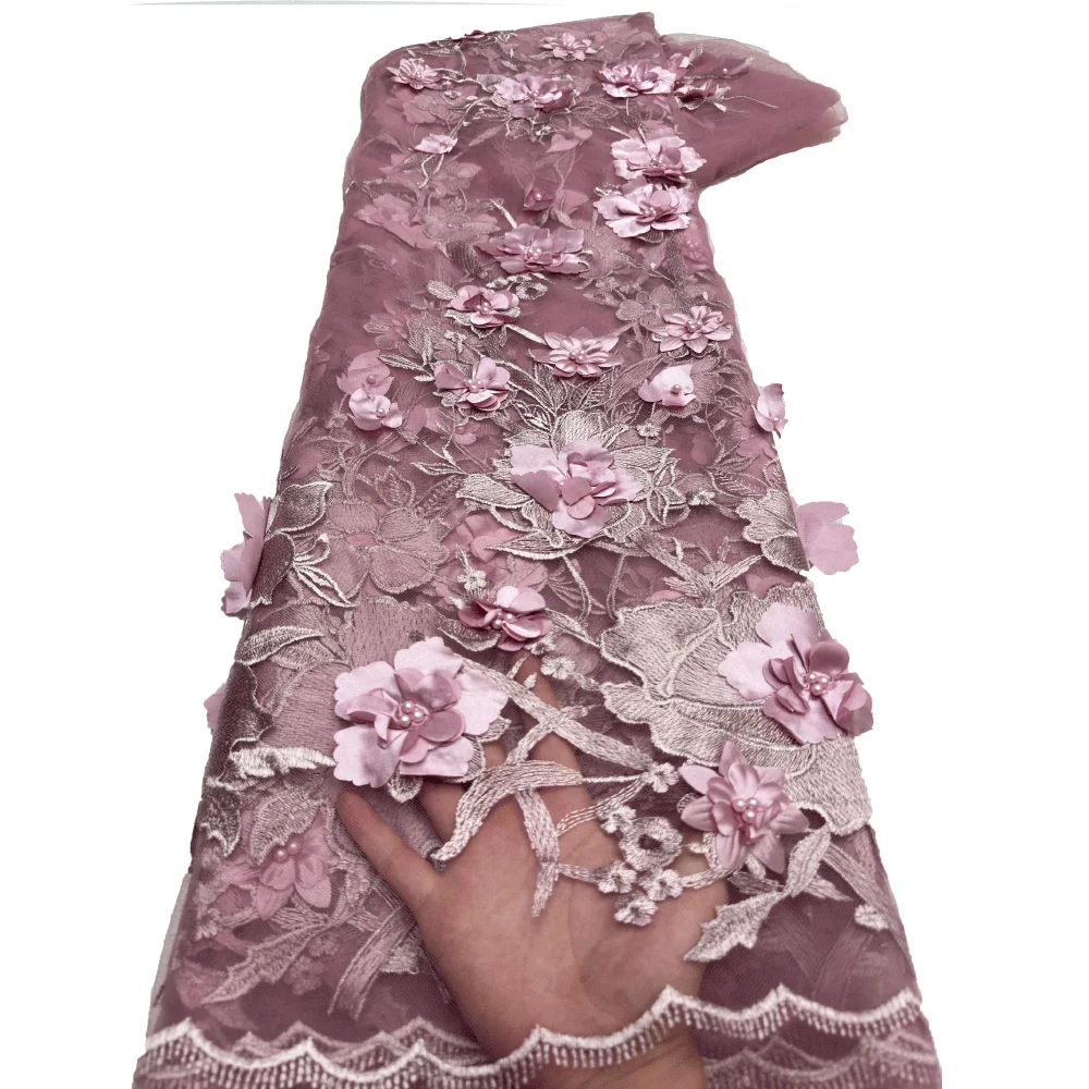 French Tulle Beads Lace Fabric African Lace Fabric 2026 High Quality Nigerian Embroidery 3D Flower Lace Fabric For Wedding Sewin