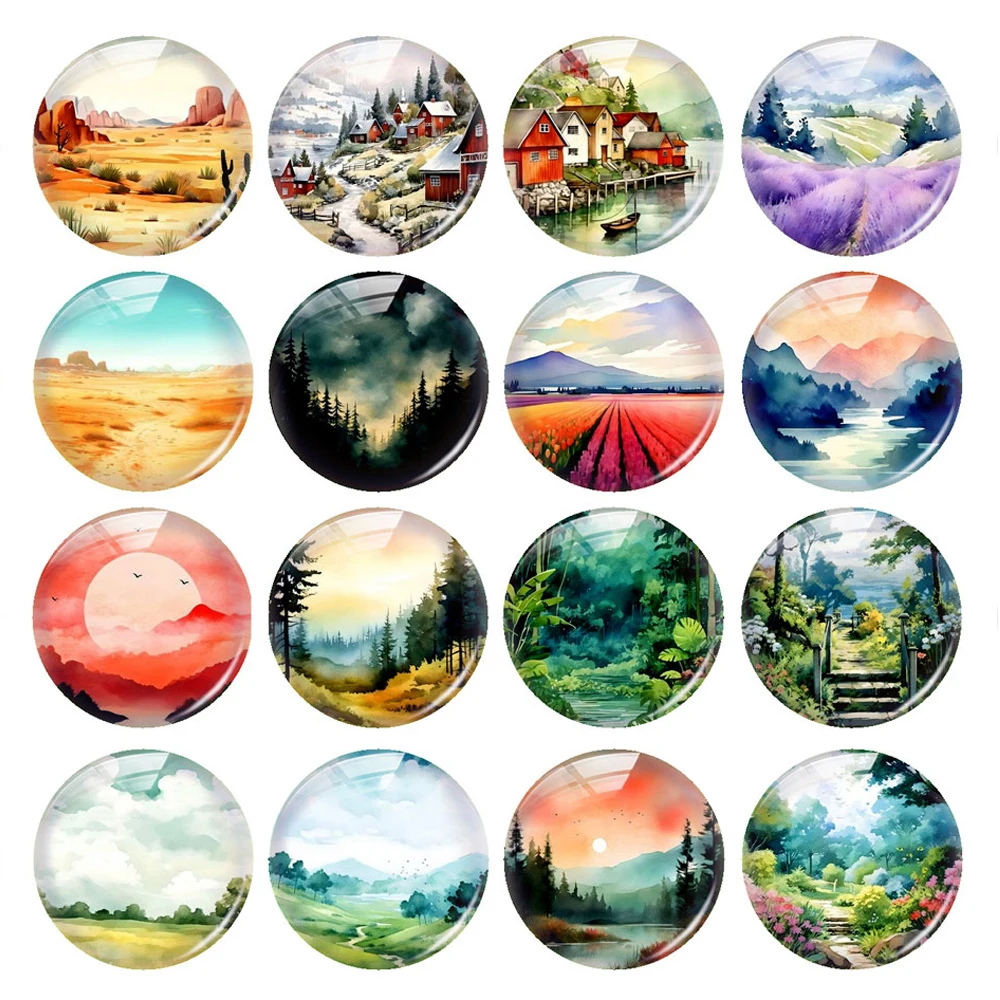 

Handmade Watercolor Landscape Painting Photo Glass Cabochon Charms Demo Flat Back Cameo For Diy Jewelry Making Accessories