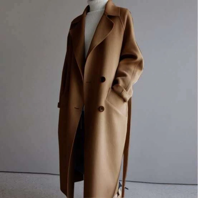 2024 autunno inverno lusso donna Trench Trench in Tweed doppio petto sciolto lungo coreano Cinched vita e cintura legata