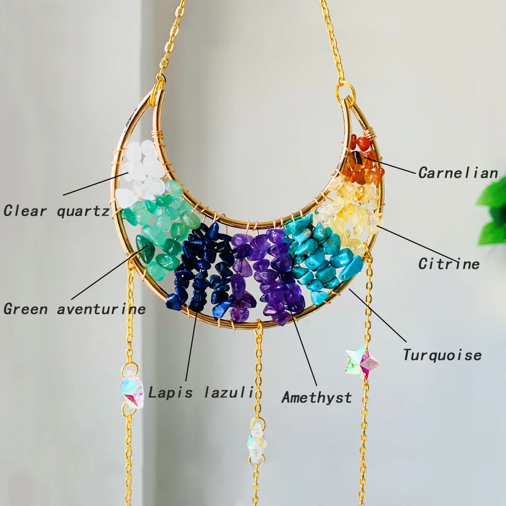 Custom Gold Moon Shape Seven Chakra Crystal Agate Sun Catcher - Glass Pendants Hanging Ornament for Window Decor