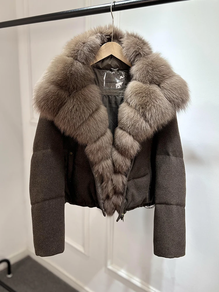 2026 Luxury Winter 90% White Duck Down Wool Blends Jacket Women Real Natural Huge Fox Fur Thickened Warm Puffer Wool Down Coat