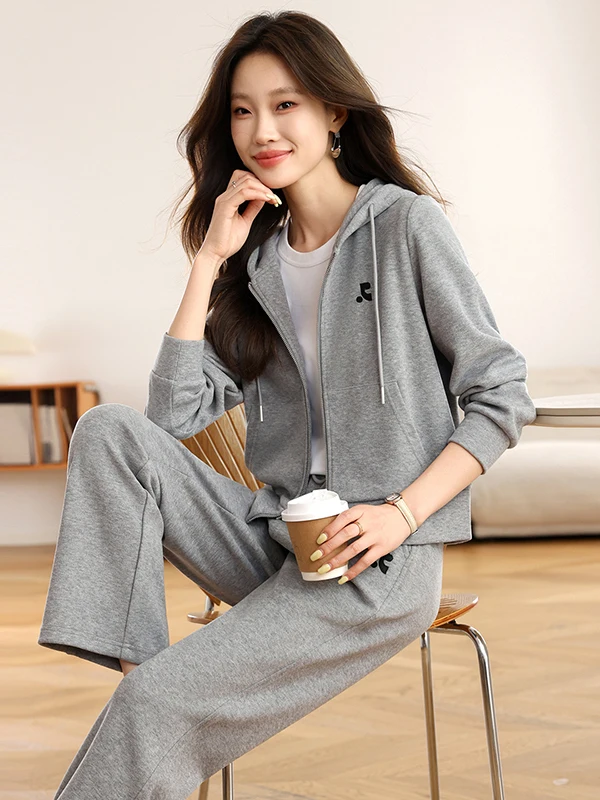 

Женский повседневный комплект спортивной одежды, весна-осень 2024, утягивающие широкие брюки с капюшоном, костюм из двух предметов для бега, полиэфирное волокно