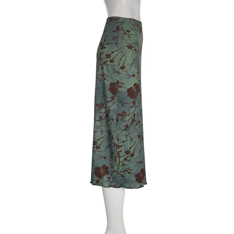 Y2K Vintage Midi-Röcke mit Blumenmuster für Damen, Harajuku Fairycore, grüner gerader Maxirock, ästhetische süße Mädchenkleidung – Detail 8