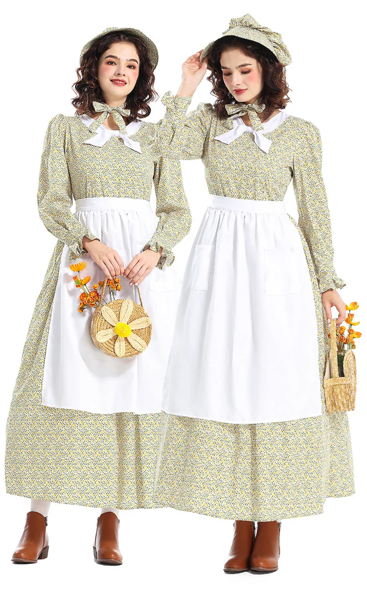 زي الهالوين البراري الاستعماري الأصفر فستان زهري المئزر الزي الرائد