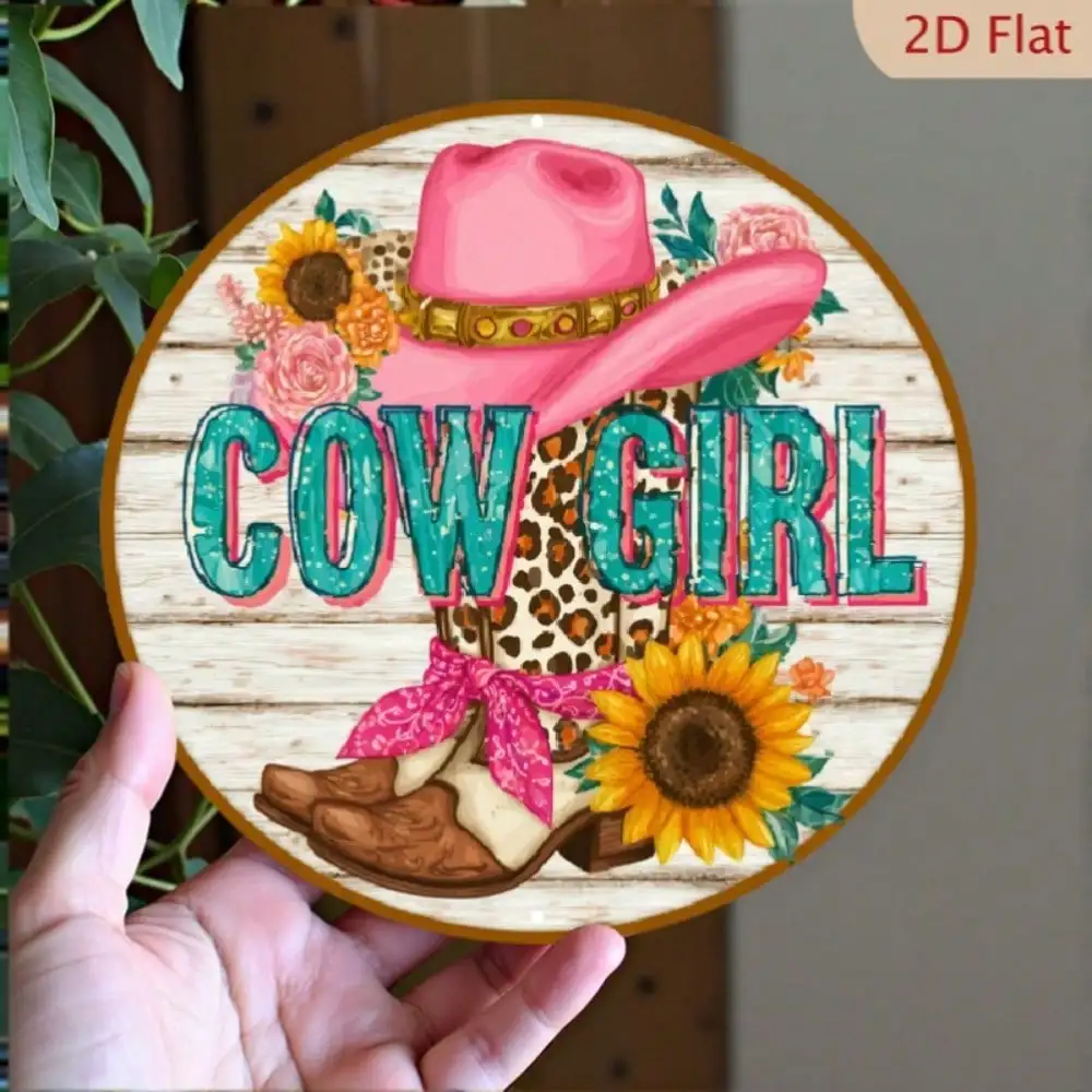 Letrero Metálico de Bota y Sombrero de Vaquera en Turquesa y Rosa, 8x8 pulgadas - Arte de Pared Rústico Estilo Western para Decoración de Habitaciones Campestres, Ranchos y Cabañas