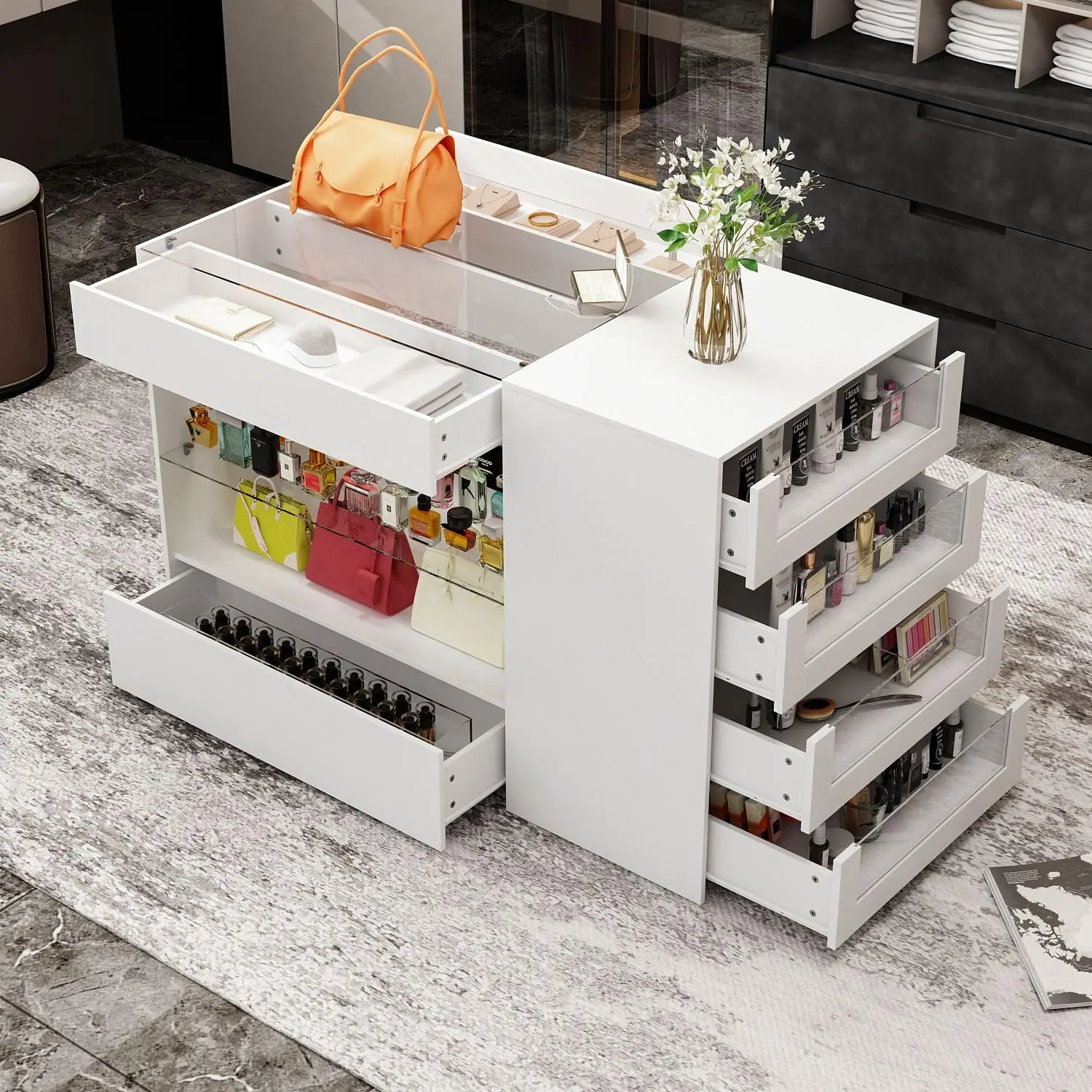 Moumon Makeup Vanity Storage Island With Drawers And Shelves, Wardrobe Closet Island With Glass Tabletop, For Dressing Room