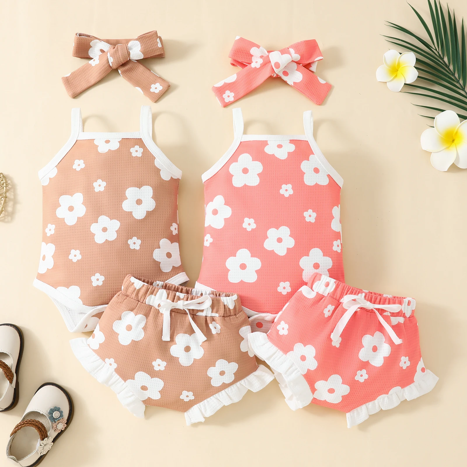 2pcs Baby Girl\'s Flowers Pattern Cami Romper & Shorts With Hairband, Infant\'s Summer Set