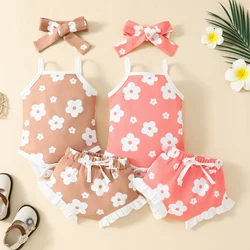 2pcs Baby Girl's Flowers Pattern Cami Romper & Shorts With Hairband, Infant's Summer Set