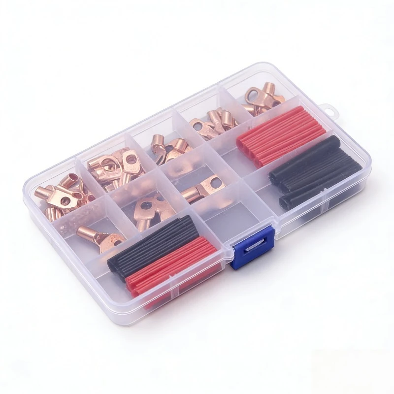 100 pcs Copper Terminal Connectors, AWG6 8 10 12 Ring Lug Kit With 50pcs cold pressed terminals+50pcs heat shrink tubing