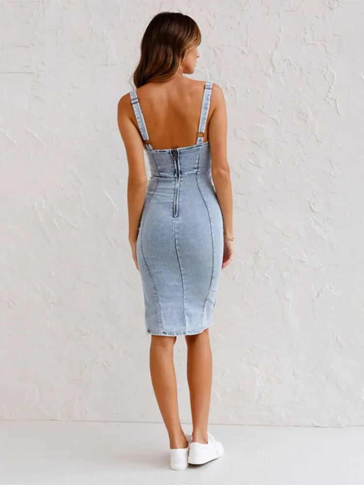 Sexy V-neck Strap Slim Denim Dress For Women 2025 Summer Sleeveless Bodycon Dresses Elegant Preppy style Jean Blue Dress Female