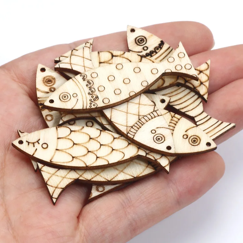 20pcs Mixed Fish Cartoon Wooden Slices Embellishments DIY Crafts For Scrapbooking Handmade Wood Ornament Home Decor Supplies