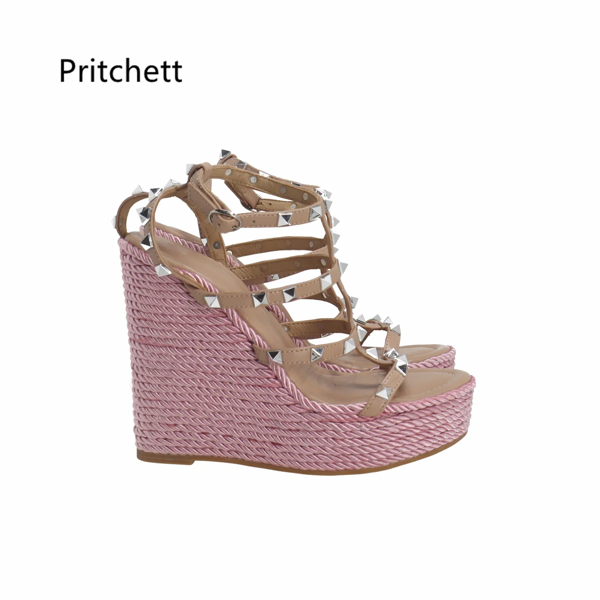 Pink Rivet Espadrilles Wedge Sandals for Women Open Toe Buckle Strap Sweet Style Designer Summer Shoes Holiday Platform Sandals