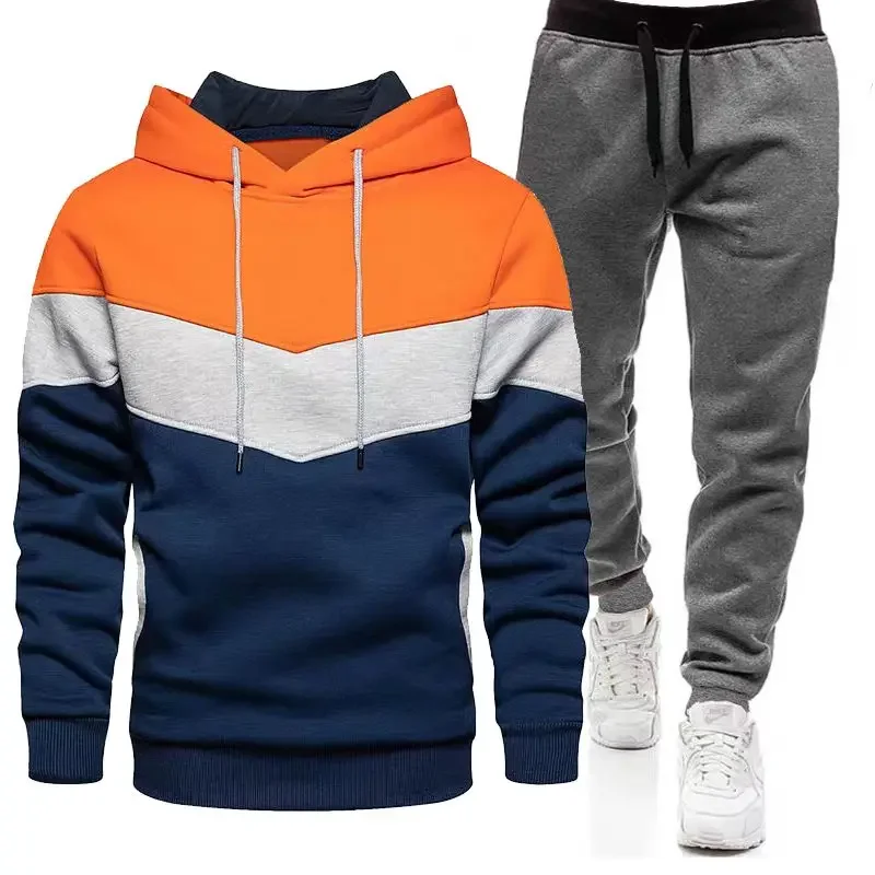 Wholesale Custom Men's Fall Winter Fleece Color Blocking Hoodie Pants Set Athletic Casual Tracksuit Two Piece