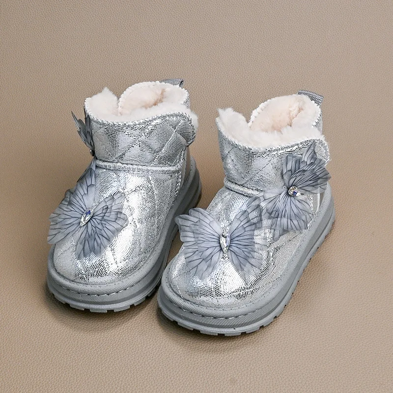 2025Зимние новые ботильоны с бантом для девочек, противоскользящие детские зимние ботинки со стразами на толстой подошве, простые универсальные повседневные ботинки принцессы для девочек
