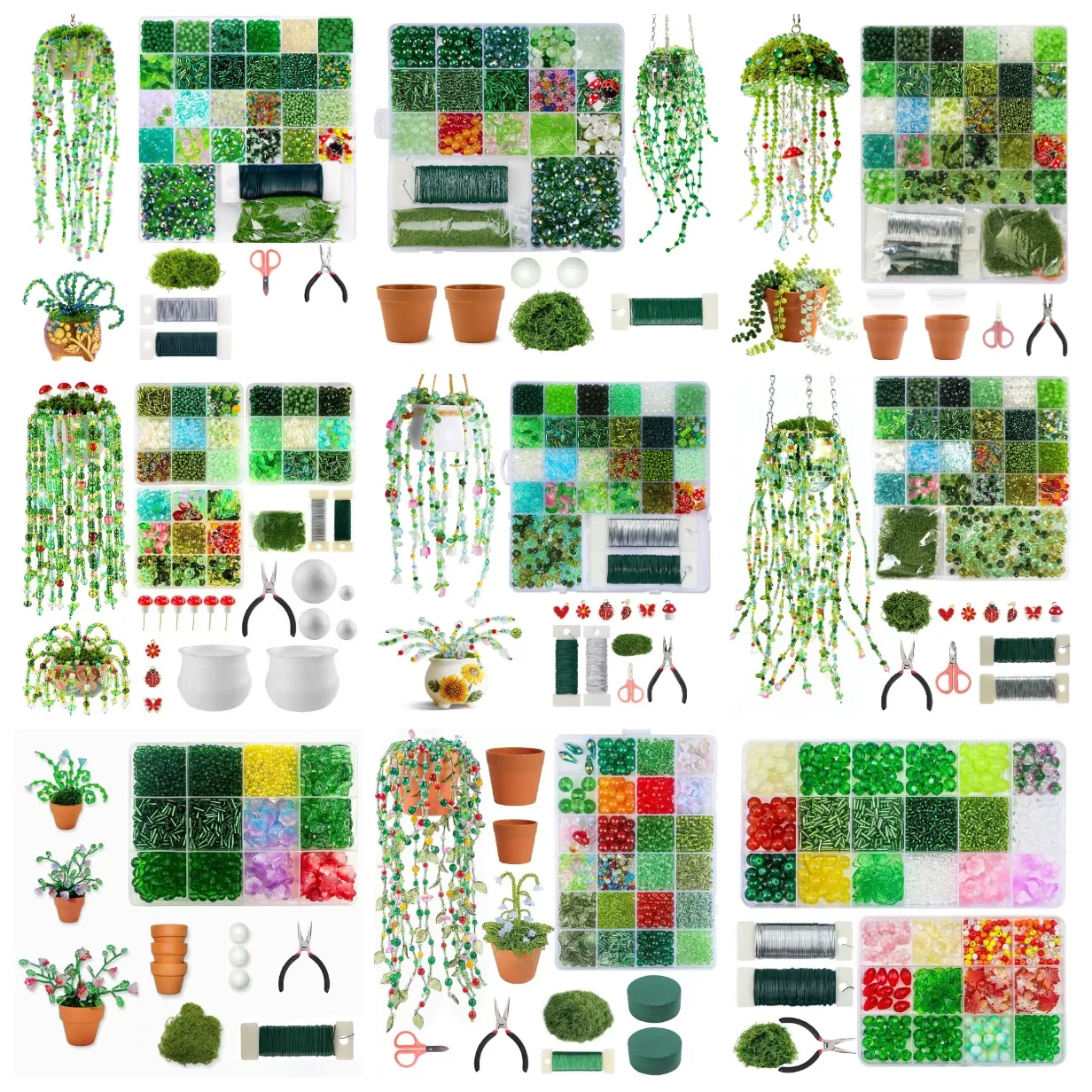 Green Beaded Plant DIY Kit, Artificial Immortal Potted Plant, Plastic Beads Craft Jewelry Accessories for Handmade Bonsai Decor