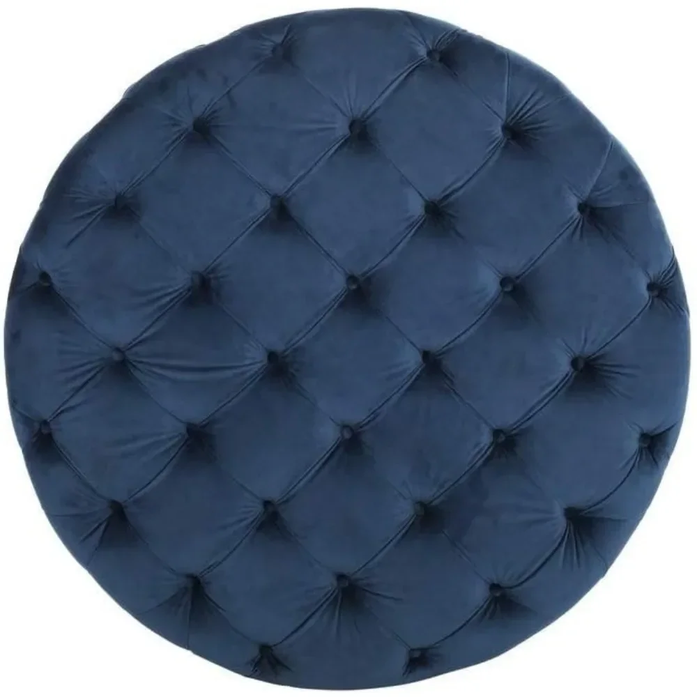 1 Piece Modern Contemporary Glam Round Ottoman Stool Button-Tufted Velvet Fabric Alternative Seating Blue Vanity Stool Diamo