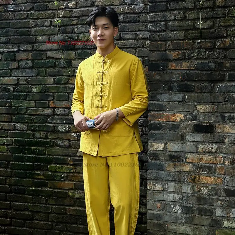 

2025 traditional chinese tai chi kung fu uniform vintage sports outdoor walking training exercise cotton linen tops+pants set