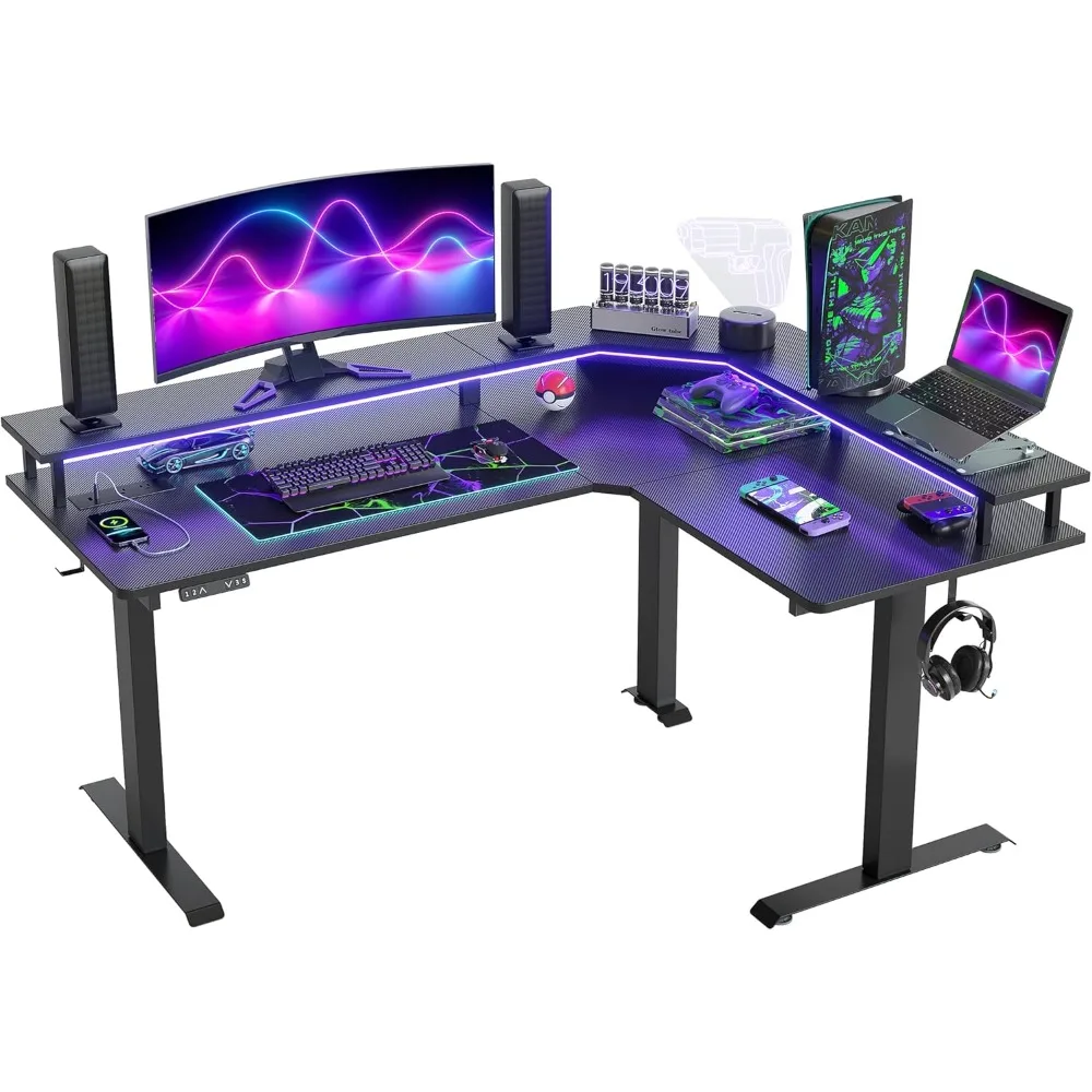 

63" Triple Motor L Shaped Standing Desk with LED Strip & Power Outlets, Height Adjustable Stand up Corner Gaming Desk