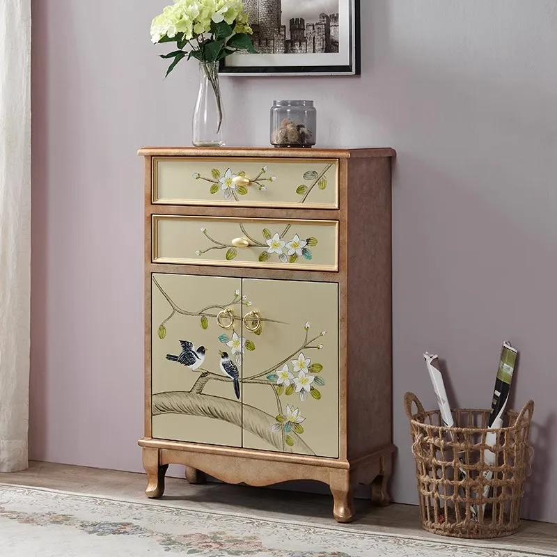 

!@Chinese Painted Gold and Silver Foil Bucket Cabinet, Solid Wood Entrance Partition Cabinet