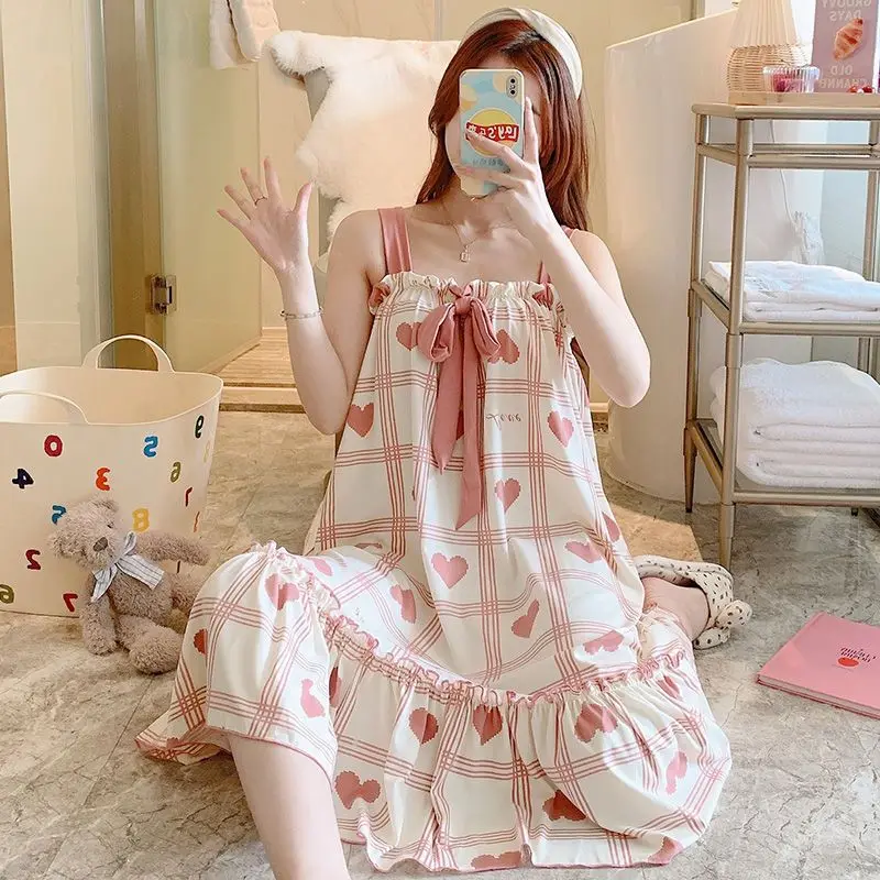 Women's Summer Sexy  Pregnant Women Can Wear Long Knee Pajamas Age Reduction Comfortable Sleepshirts Modal Suspender Nightgown