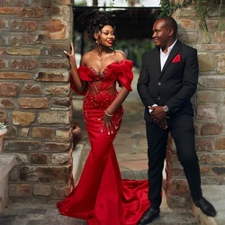 Gorgeous Red Beaded Mermaid Evening Dresses Aso Ebi Style Bridal Wedding Reception Dress Off Shoulder Satin African Prom Gowns